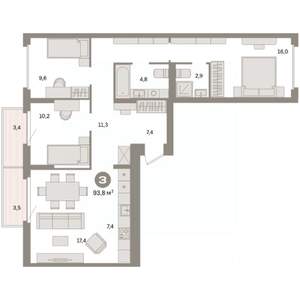 3-к квартира, вторичка, 94м2, 5/9 этаж