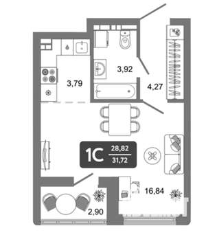 Студия квартира, вторичка, 29м2, 9/16 этаж