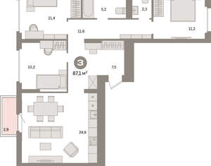 3-к квартира, вторичка, 87м2, 5/9 этаж