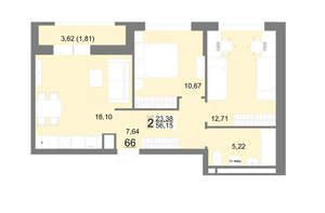 2-к квартира, вторичка, 56м2, 9/22 этаж