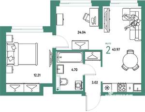 2-к квартира, строящийся дом, 44м2, 13/24 этаж