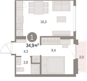 1-к квартира, вторичка, 35м2, 8/9 этаж