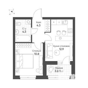 1-к квартира, строящийся дом, 34м2, 12/16 этаж