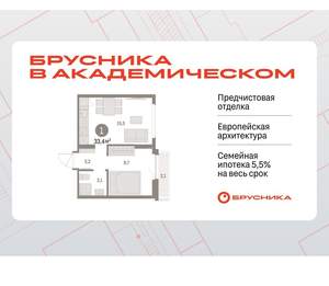 1-к квартира, вторичка, 33м2, 8/9 этаж