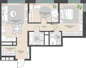 2-к квартира, строящийся дом, 77м2, 4/30 этаж