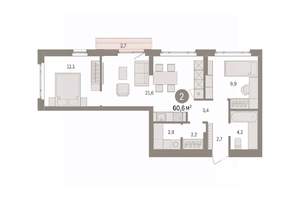 2-к квартира, вторичка, 61м2, 4/7 этаж
