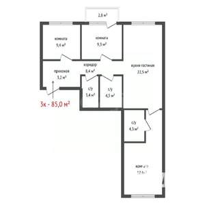 3-к квартира, вторичка, 85м2, 3/18 этаж