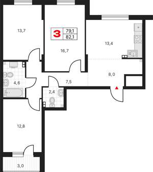 3-к квартира, вторичка, 82м2, 8/17 этаж