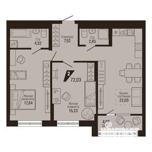 2-к квартира, вторичка, 72м2, 8/23 этаж