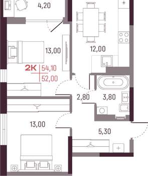 2-к квартира, вторичка, 52м2, 12/25 этаж