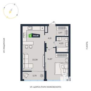 1-к квартира, строящийся дом, 51м2, 12/31 этаж