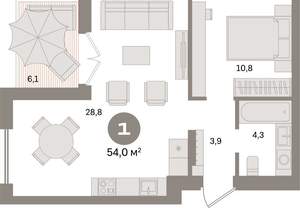 1-к квартира, вторичка, 54м2, 9/9 этаж