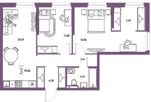3-к квартира, строящийся дом, 70м2, 7/24 этаж