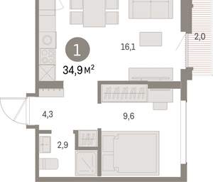 1-к квартира, вторичка, 35м2, 9/9 этаж