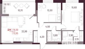 2-к квартира, вторичка, 74м2, 15/25 этаж