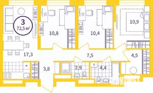 3-к квартира, сданный дом, 72м2, 5/24 этаж