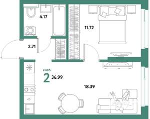2-к квартира, строящийся дом, 37м2, 12/21 этаж
