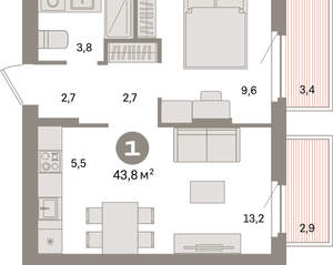 1-к квартира, вторичка, 44м2, 7/16 этаж