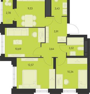 3-к квартира, строящийся дом, 62м2, 5/22 этаж