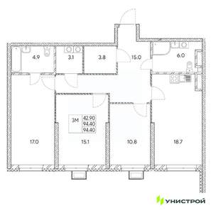 3-к квартира, вторичка, 94м2, 28/31 этаж