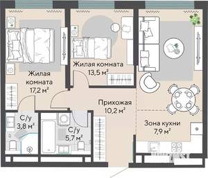 2-к квартира, строящийся дом, 77м2, 10/27 этаж