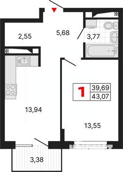 1-к квартира, вторичка, 43м2, 14/25 этаж