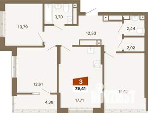 3-к квартира, строящийся дом, 79м2, 23/23 этаж