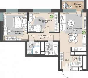 2-к квартира, строящийся дом, 74м2, 9/30 этаж