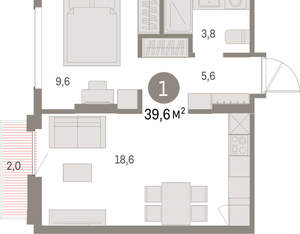 1-к квартира, вторичка, 40м2, 3/9 этаж