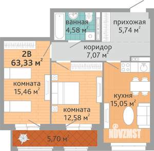 2-к квартира, строящийся дом, 63м2, 2/24 этаж