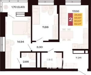 2-к квартира, вторичка, 62м2, 14/30 этаж