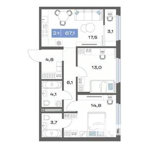 2-к квартира, строящийся дом, 67м2, 13/17 этаж