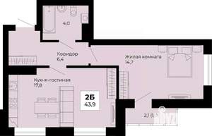 1-к квартира, строящийся дом, 44м2, 5/25 этаж