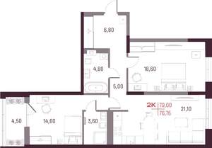 2-к квартира, вторичка, 77м2, 4/25 этаж