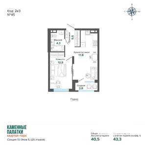 1-к квартира, вторичка, 43м2, 5/25 этаж