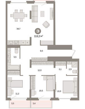 3-к квартира, вторичка, 113м2, 2/9 этаж
