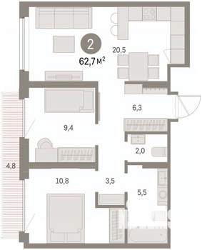 2-к квартира, вторичка, 63м2, 6/9 этаж