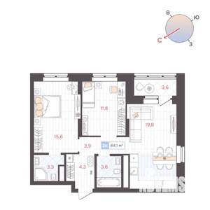 2-к квартира, строящийся дом, 64м2, 18/25 этаж