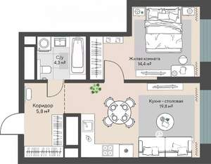 1-к квартира, строящийся дом, 44м2, 21/30 этаж