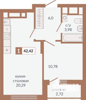 1-к квартира, строящийся дом, 42м2, 17/31 этаж
