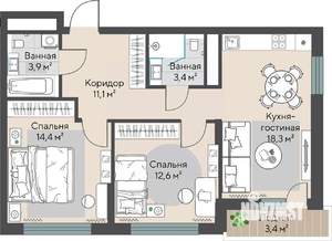 2-к квартира, строящийся дом, 65м2, 4/22 этаж
