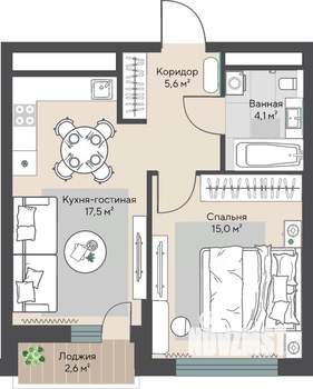 1-к квартира, строящийся дом, 44м2, 4/22 этаж