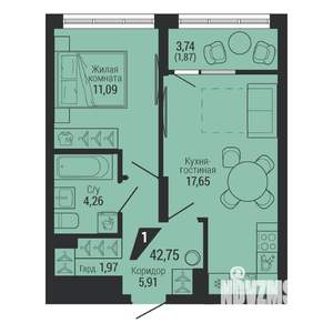 1-к квартира, вторичка, 43м2, 2/22 этаж