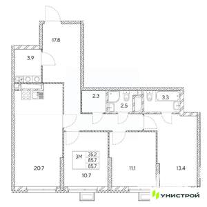 3-к квартира, вторичка, 86м2, 16/31 этаж