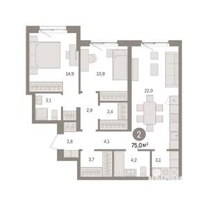 2-к квартира, вторичка, 75м2, 2/15 этаж