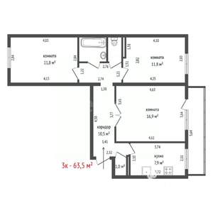 3-к квартира, вторичка, 64м2, 1/9 этаж