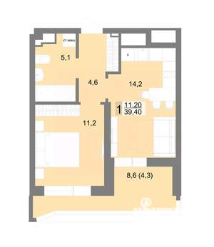 1-к квартира, строящийся дом, 39м2, 7/25 этаж