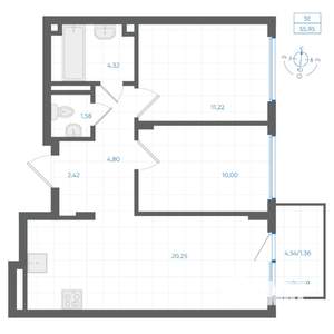 2-к квартира, вторичка, 56м2, 1/4 этаж