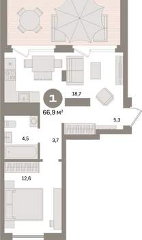 1-к квартира, вторичка, 67м2, 8/9 этаж