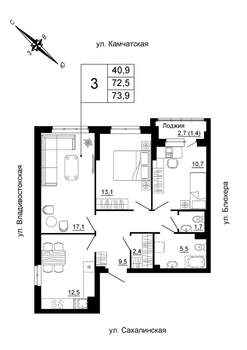 3-к квартира, строящийся дом, 74м2, 3/24 этаж